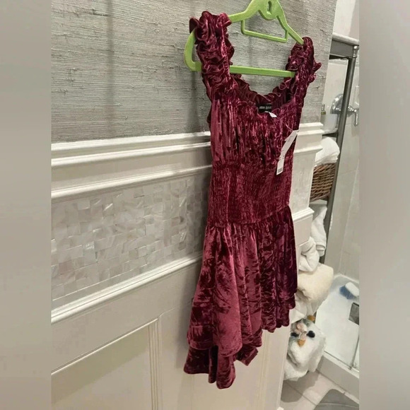 NWT new Urban Outfitters velvet romper SMALL red wine ruffle strap smocked dress - Picture 11 of 17
